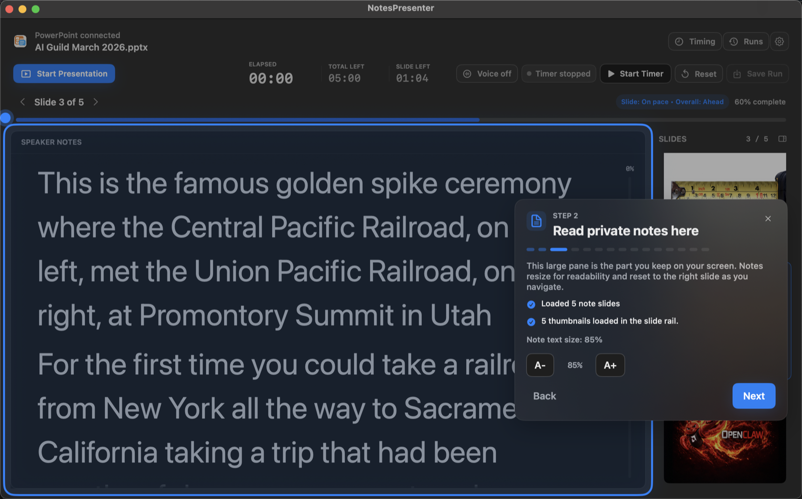 NotesPresenter onboarding showing private speaker notes and slide thumbnails.